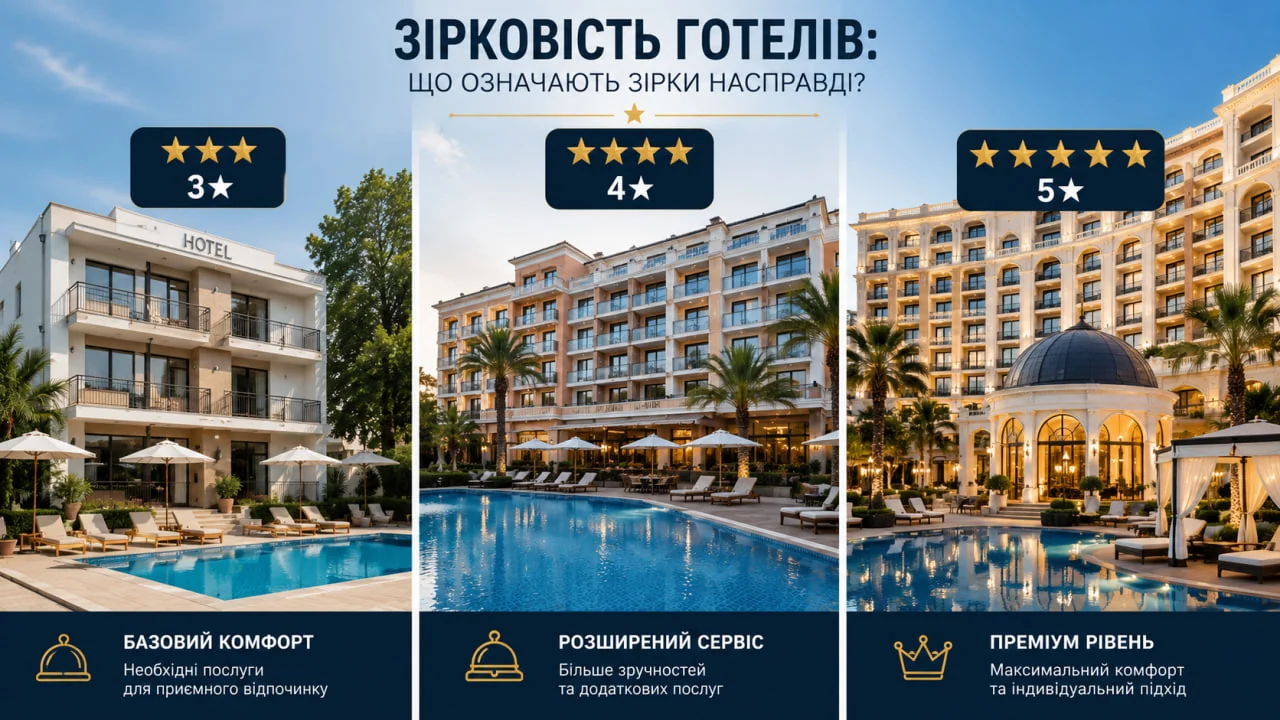 Порівняльна ілюстрація трьох готелів із позначками трьох, чотирьох і п’яти зірок