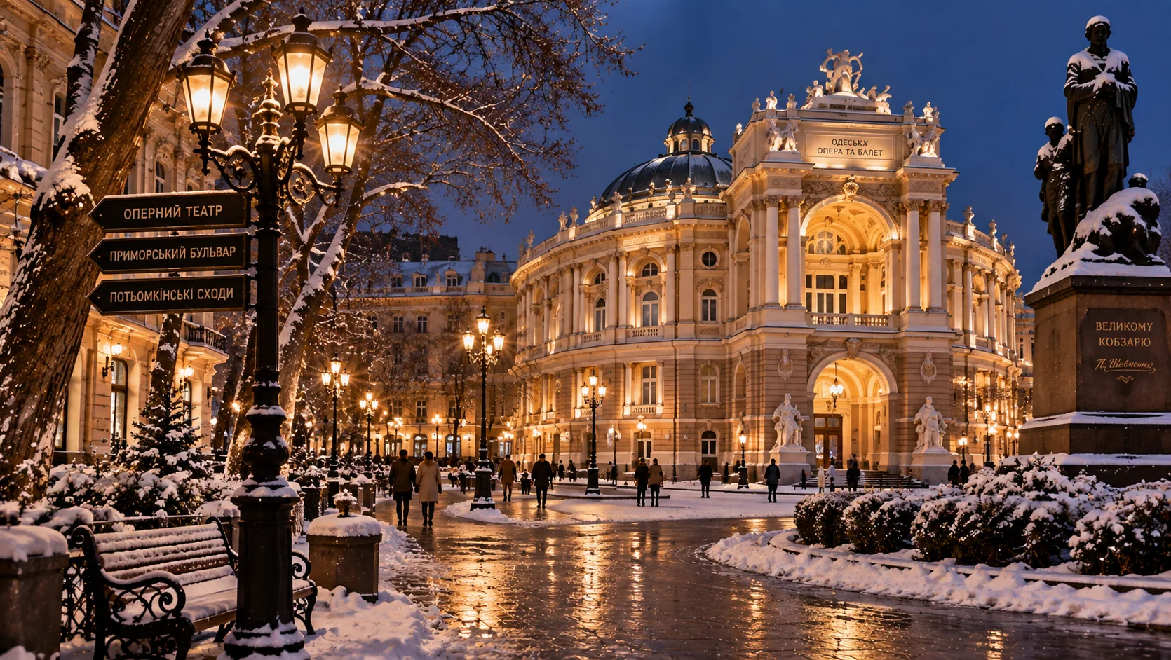 Ілюстрація вечірнього Оперного театру взимку