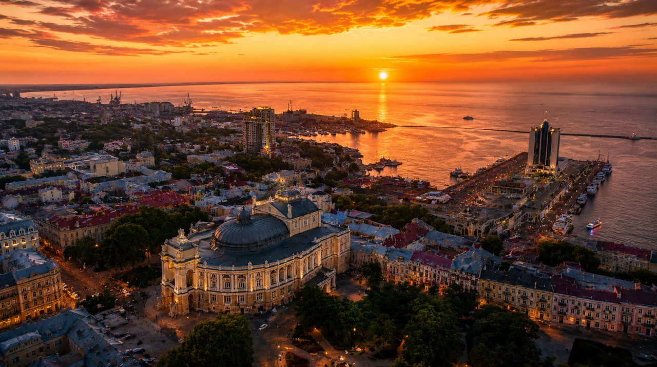 Панорама міста й морського порту під помаранчевим вечірнім небом